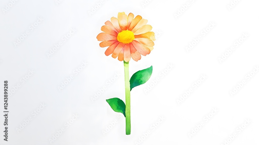 Obraz premium Orange Flower with Green Leaves on White Background in Watercolor Style