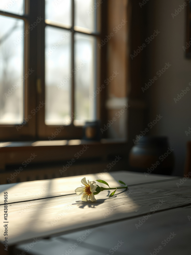 Wooden table with a garden flower on top of a blurred windowpane, blurred window, table top decor, outdoor furniture, natural scenery, wooden table Wooden table with a garden flower on top of a blurred windowpane, blurred window, table top decor, outdoor furniture, natural scenery, wooden table