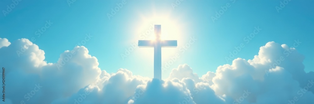 Simple cross shape on a light blue cloudy background with sun shining through, minimalist, abstract Simple cross shape on a light blue cloudy background with sun shining through, minimalist, abstract