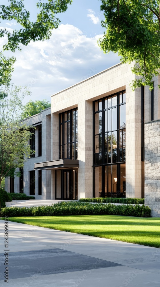 Modern architecture showcases large windows and greenery in a serene urban environment during daylight hours Modern architecture showcases large windows and greenery in a serene urban environment during daylight hours