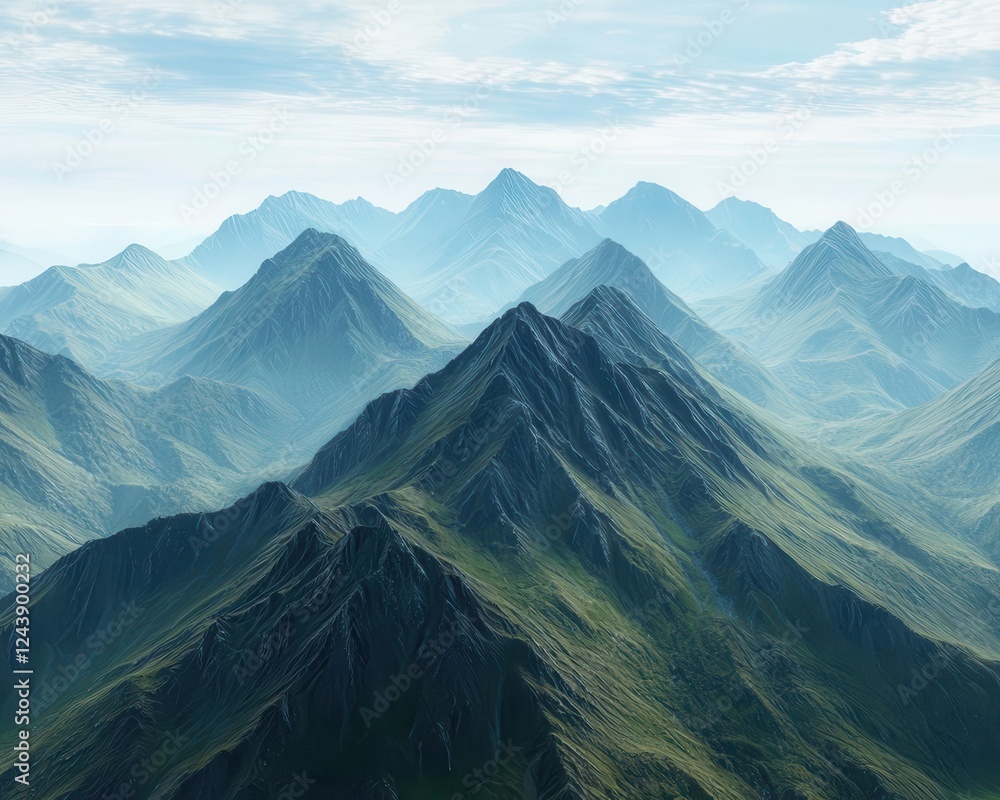 An aerial view of a mountain range with sharp ridges and deep valleys, showcasing stunning geological formations An aerial view of a mountain range with sharp ridges and deep valleys, showcasing stunning geological formations