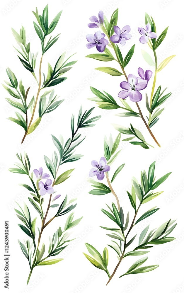 Naklejka premium Create a set of rosemary sprigs with a touch of purple flowers, isolated on a white background in vibrant green hues