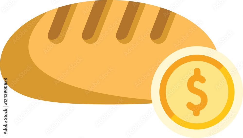 Simple vector illustration featuring a freshly baked bread loaf and a gold coin, symbolizing the cost of food and basic necessities Simple vector illustration featuring a freshly baked bread loaf and a gold coin, symbolizing the cost of food and basic necessities