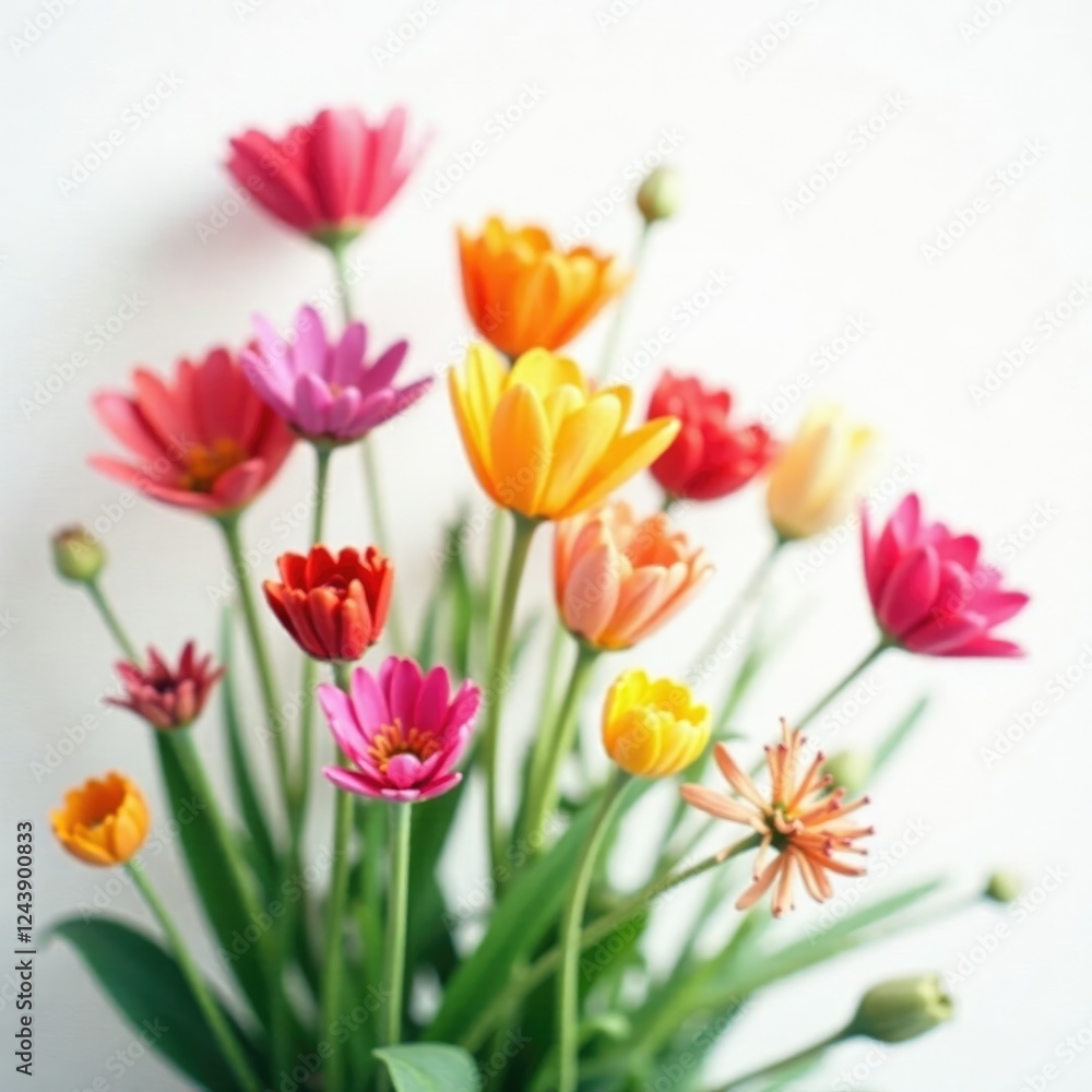 Fototapeta premium Sparsa colorful flowers on white background, soft focus, gentle colors, abstract, garden