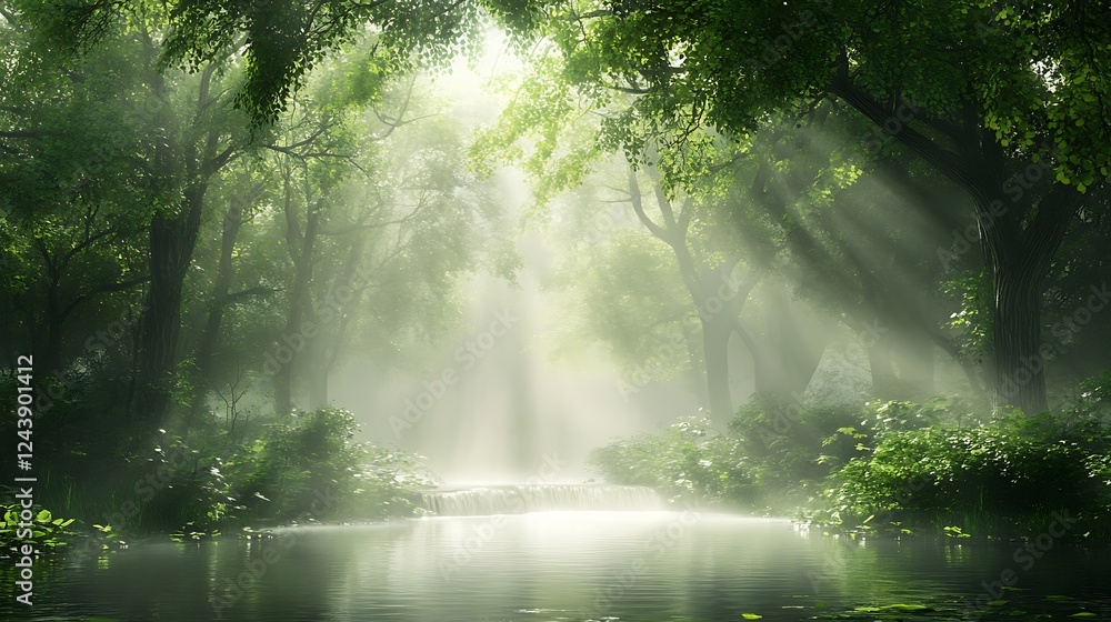 Obraz premium A misty river flowing through a dense forest, with the sound of water and rustling leaves