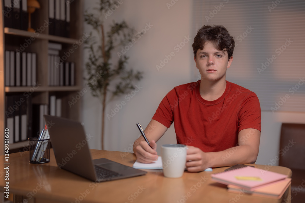 Young man taking notes in a notebook while drinking coffee at a desk with laptop and bookcase in the background, working or studying from home Young man taking notes in a notebook while drinking coffee at a desk with laptop and bookcase in the background, working or studying from home