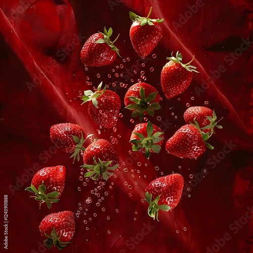 Cascade of Ripe Juicy Strawberries Floating in Luxurious Red Velvet