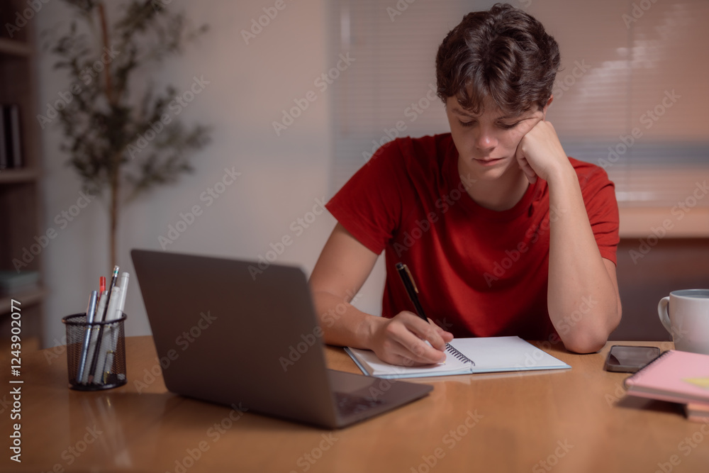Young student taking notes in a notebook while studying at home, focused on a laptop at his desk. Surrounded by books and a coffee, he immerses in learning during the evening Young student taking notes in a notebook while studying at home, focused on a laptop at his desk. Surrounded by books and a coffee, he immerses in learning during the evening