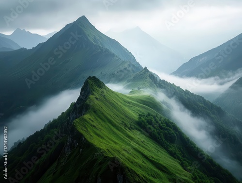 A timelapse of rolling fog cascading down mountain slopes, ethereal and everchanging landscape photo