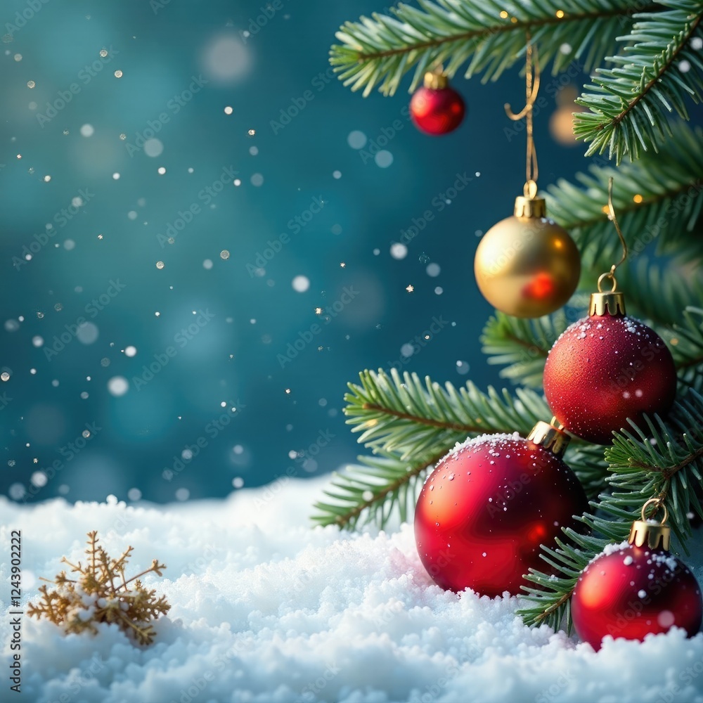 Snowy landscape with golden ornaments and red baubles, festive, Snowy landscape with golden ornaments and red baubles, festive,