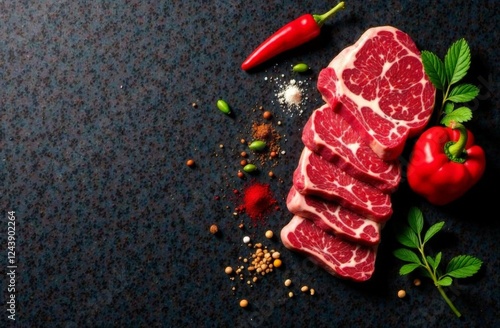Black stone cooking background. Spices and vegetables. Top view. Free space for your text.
