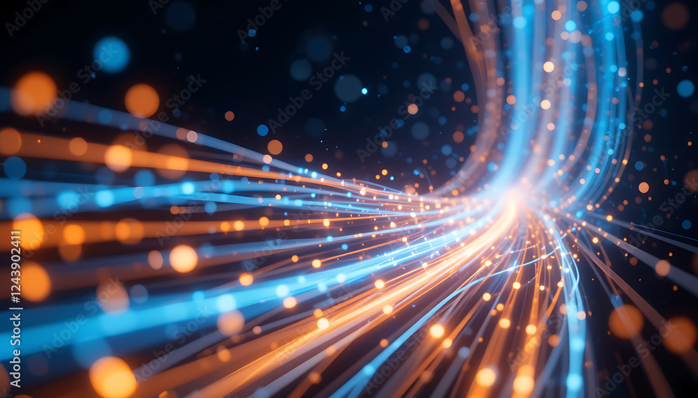 Obraz premium Realistic Fiber Optic Data Transmission with Glowing Light Trails