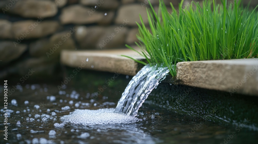 The water flows serenely over smooth stones and lush green grass, crafting a peaceful and tranquil atmosphere in the garden at midday The water flows serenely over smooth stones and lush green grass, crafting a peaceful and tranquil atmosphere in the garden at midday