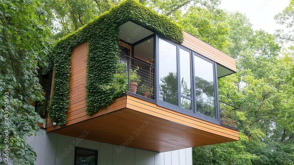 Fototapeta premium A sustainable treehouse with living walls covered in greenery, blending perfectly with the surrounding forest, and a balcony with potted plants