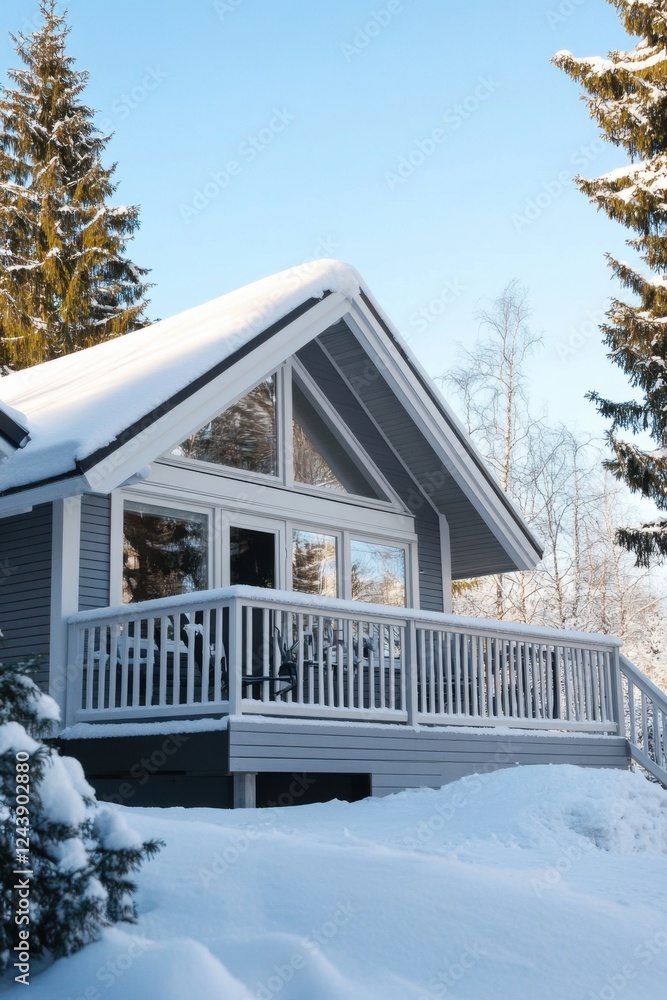 Nestled in a peaceful mountain landscape, a cozy winter cabin is enveloped by snow-covered trees, creating a serene atmosphere under a clear blue sky Nestled in a peaceful mountain landscape, a cozy winter cabin is enveloped by snow-covered trees, creating a serene atmosphere under a clear blue sky