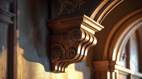 Intricate wooden corbel showcasing exquisite craftsmanship. The warm lighting highlights the detailed carvings and rich wood grain, creating a luxurious and elegant ambiance. photo