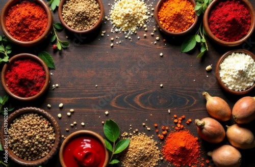 Black stone cooking background. Spices and vegetables. Top view. Free space for your text.