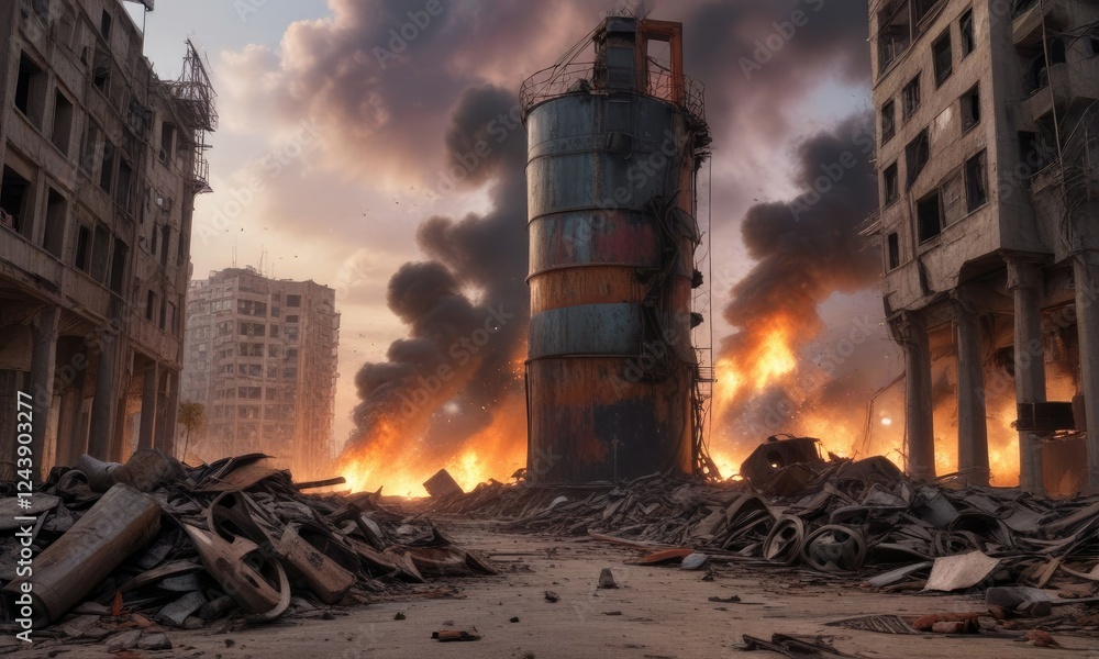 Obraz premium Twisted metal remains of a grain silo amidst the chaos of Beirut port explosion wreckage, beirut port destruction, urban devastation, rubble landscape