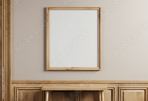 Minimalist interior with a blank wooden frame on a beige wall, perfect for mockups or artwork display mockup