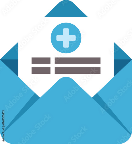 Blue open envelope with medical report coming out of it, healthcare industry icon