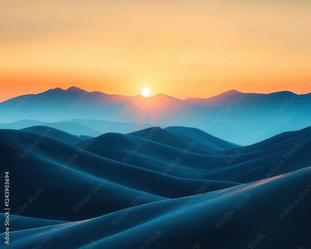 A tranquil sunrise over rolling mountain hills, soft golden light casting long shadows across the terrain A tranquil sunrise over rolling mountain hills, soft golden light casting long shadows across the terrain