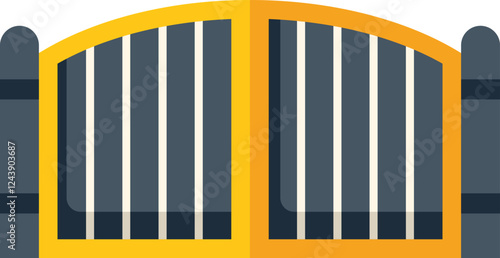 Modern, yellow, double leaf driveway gate is preventing access to a property