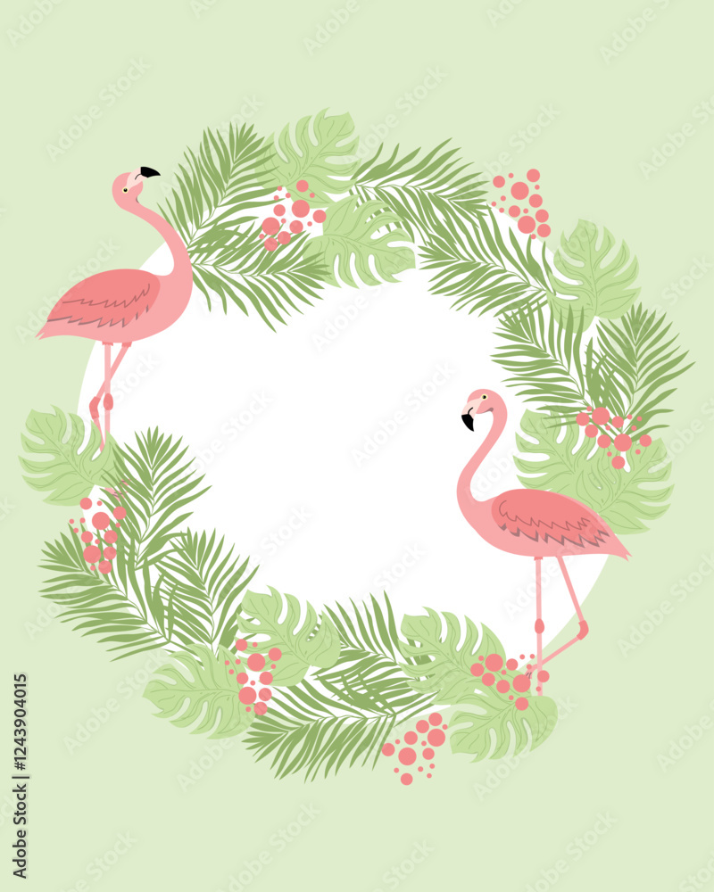 Circle frame green summer tropical palm leaves with exotic flamingo. Vector templates. Design element for cards, posters, banners, invitations and other purposes. Circle frame green summer tropical palm leaves with exotic flamingo. Vector templates. Design element for cards, posters, banners, invitations and other purposes.