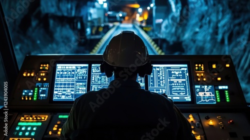 Operator monitoring machinery controls in a dimly lit mine, showcasing advanced technology and safety