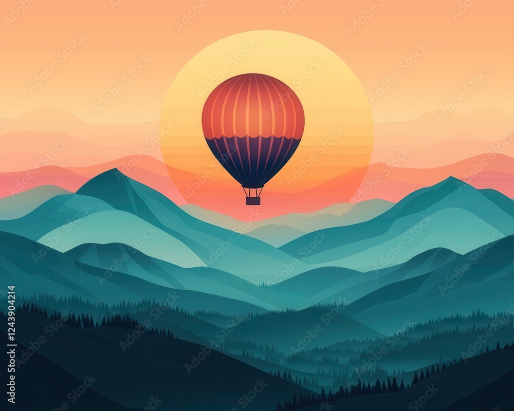 Fototapeta premium A hot air balloon floating above a mountain valley at sunrise, an adventurous and dreamlike scene
