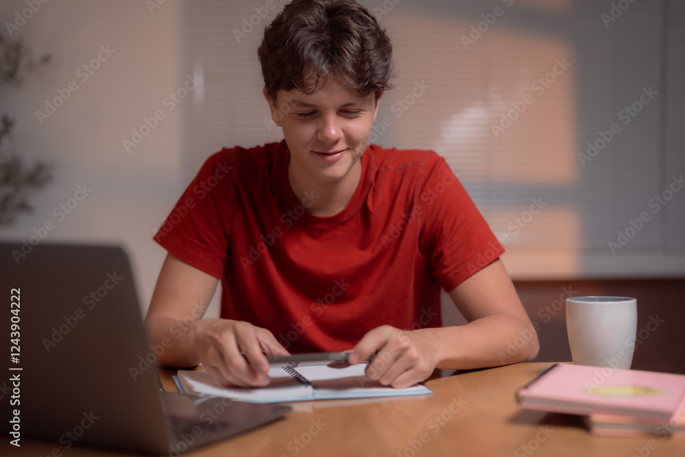 Young student in a red shirt studying at home, focused on writing in a notebook. A laptop and a cup of coffee are on the table, creating a productive learning environment Young student in a red shirt studying at home, focused on writing in a notebook. A laptop and a cup of coffee are on the table, creating a productive learning environment