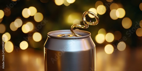 prank soda can, a gag soda can with a concealed spring-loaded snake popping out, with motion blur for a dynamic effect, set in a blurred casual party scene