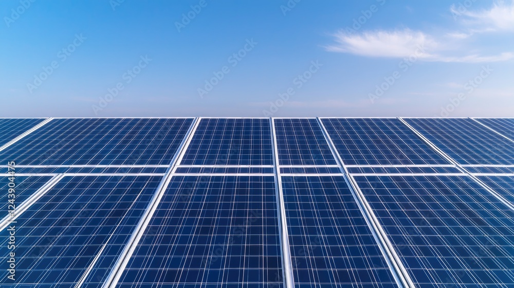 Solar panels under blue sky, renewable energy, clean power, sustainable technology Solar panels under blue sky, renewable energy, clean power, sustainable technology