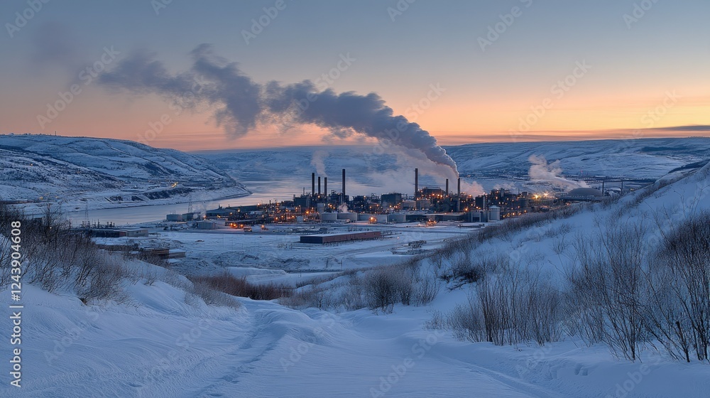 An industrial facility releases clouds of steam, set against a stunning backdrop of snow-covered mountains at dawn in a secluded area An industrial facility releases clouds of steam, set against a stunning backdrop of snow-covered mountains at dawn in a secluded area