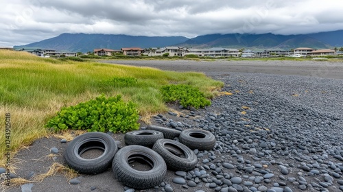 Discarded tires rest on a rocky beach with lush green vegetation and mountains in the background on a cloudy day