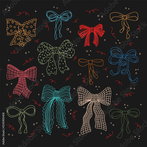 Outline retro gift bow knots set. Wedding, holiday, party birthday decoration, gift, present
