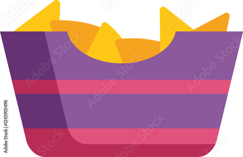 This vibrant illustration features a purple container overflowing with crispy tortilla chips, perfect for conveying snack time