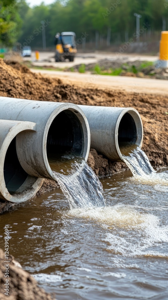 During the daylight hours, water is seen flowing out of the concrete drainage pipes located alongside a bustling construction site During the daylight hours, water is seen flowing out of the concrete drainage pipes located alongside a bustling construction site