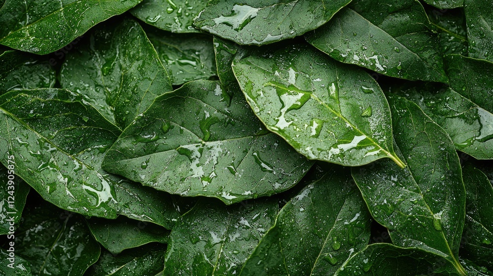 Lush Green Leaves Covered in Dew Drops Lush Green Leaves Covered in Dew Drops