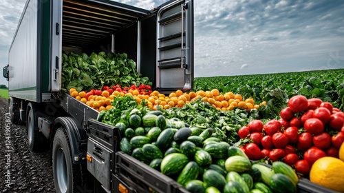 Fototapeta Naklejka Na Ścianę i Meble -  Fresh vegetables and fruits loaded in refrigerated truck on farm