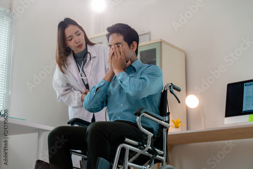 Obraz na plátně Doctor examining and comforting desperate male patient in wheelchair covering fa