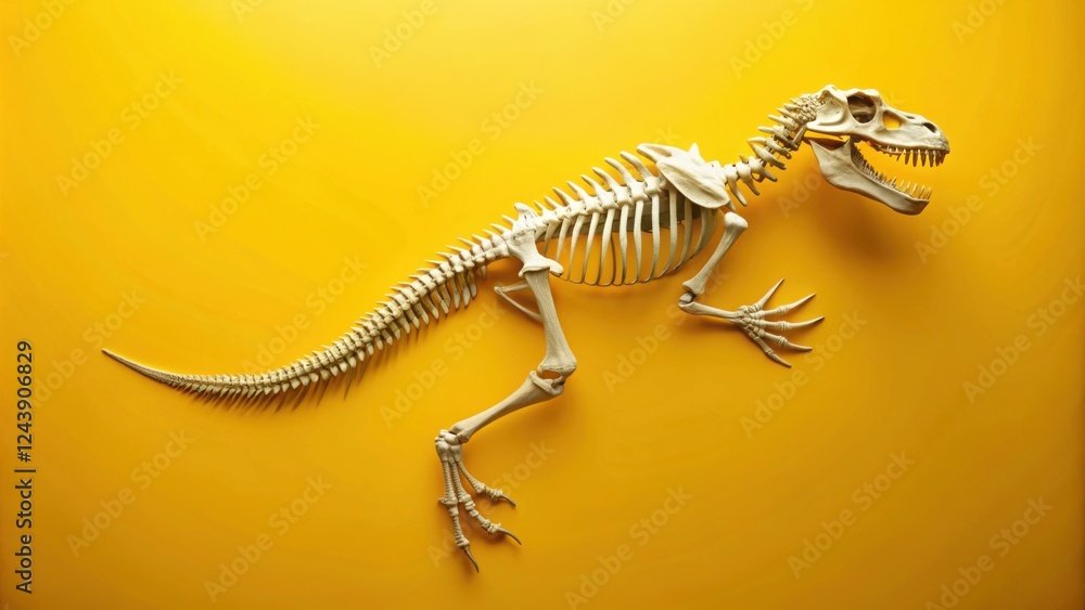 Obraz premium Prehistoric Reptile Skeletal Remains on Vibrant Yellow Background
