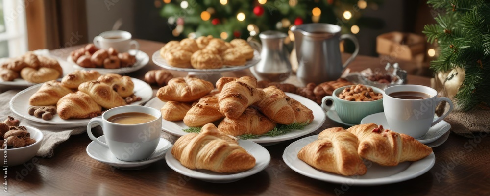 Naklejka premium Christmas morning breakfast spread with festive pastries and coffee , steaming coffee, Christmas morning