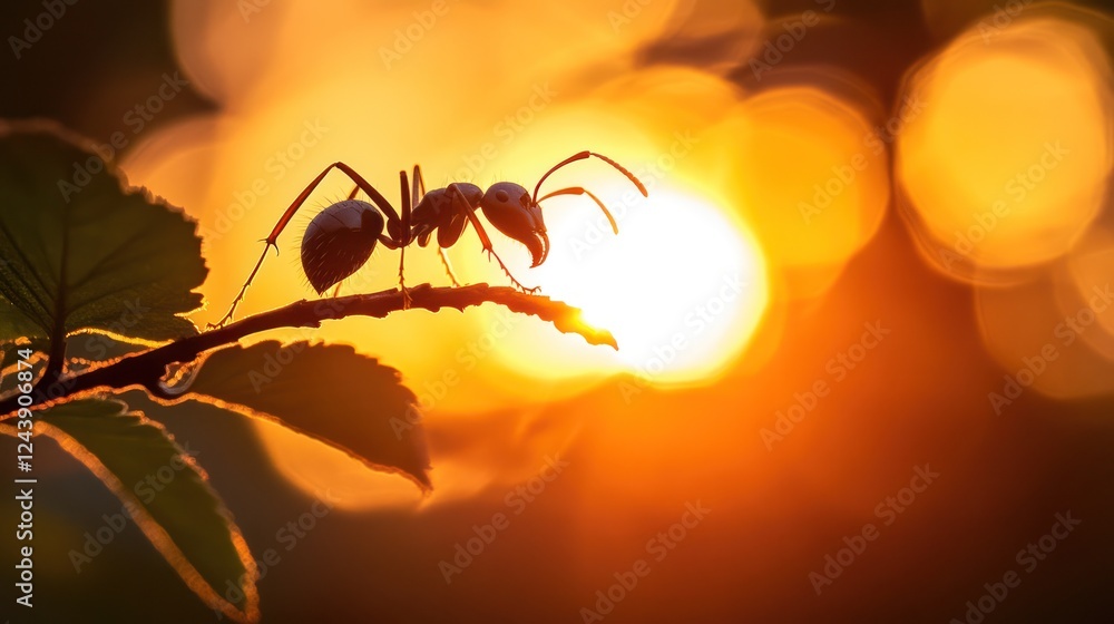 Ant on branch at sunset, nature background, silhouette Ant on branch at sunset, nature background, silhouette