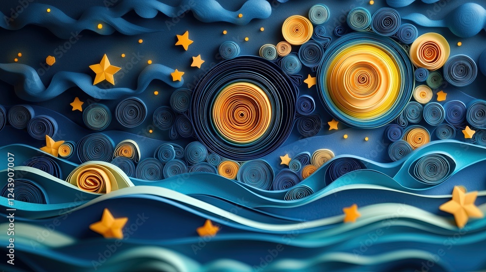 Obraz premium Paper quilling art of flowers, sunburst, geometric, night sky with swirling galaxies, underwater scene, hummingbird, owl, mandala design