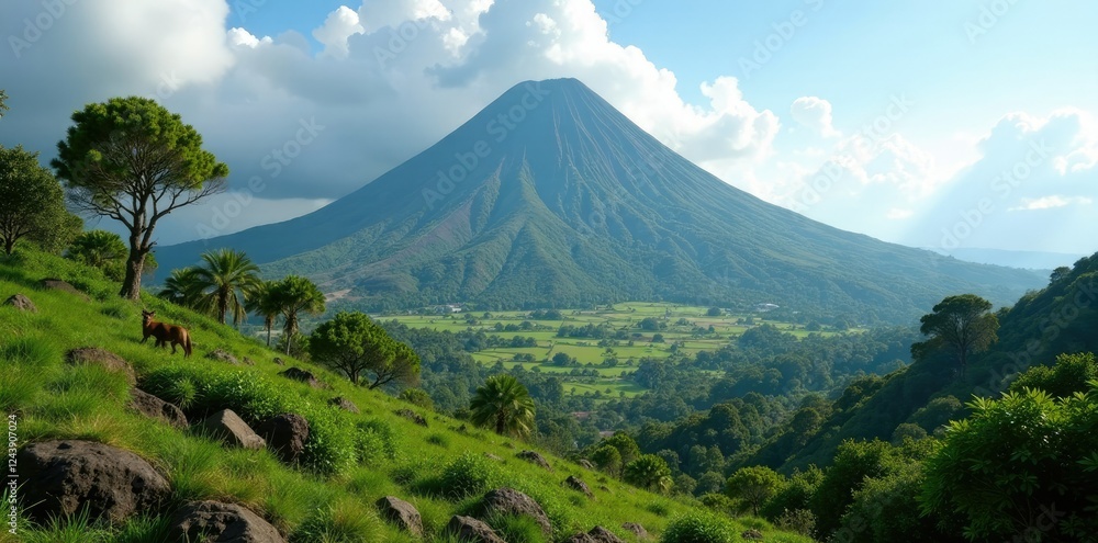 Volcanic landscape with lush greenery and unique wildlife, biodiversity, nature Volcanic landscape with lush greenery and unique wildlife, biodiversity, nature