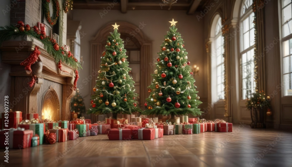 Christmas tree with presents and decorations in a large hall, holiday cheer, festive decorations, large hall Christmas tree with presents and decorations in a large hall, holiday cheer, festive decorations, large hall