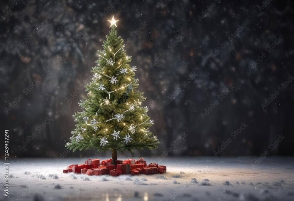 Obraz premium Christmas tree with snowflakes falling around it, delicate snowflakes, gentle snowfall