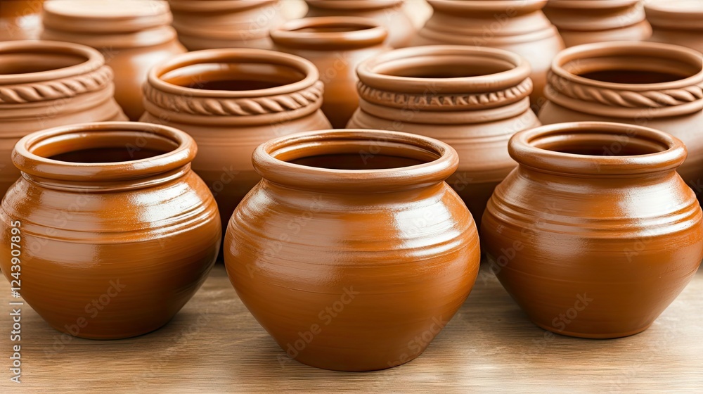 Collection of handmade clay pots arranged neatly on a wooden surface, showcasing traditional craftsmanship and artistry in pottery