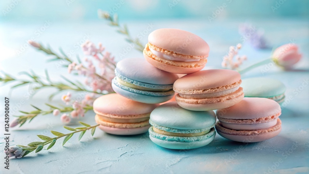 Fototapeta premium Pastel Macarons with Delicate Spring Blossoms on a Light Blue Surface