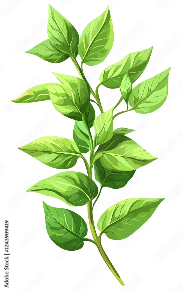 Illustrate sprigs of mint with deep green leaves, isolated on a white background, in a fresh, detailed style Illustrate sprigs of mint with deep green leaves, isolated on a white background, in a fresh, detailed style